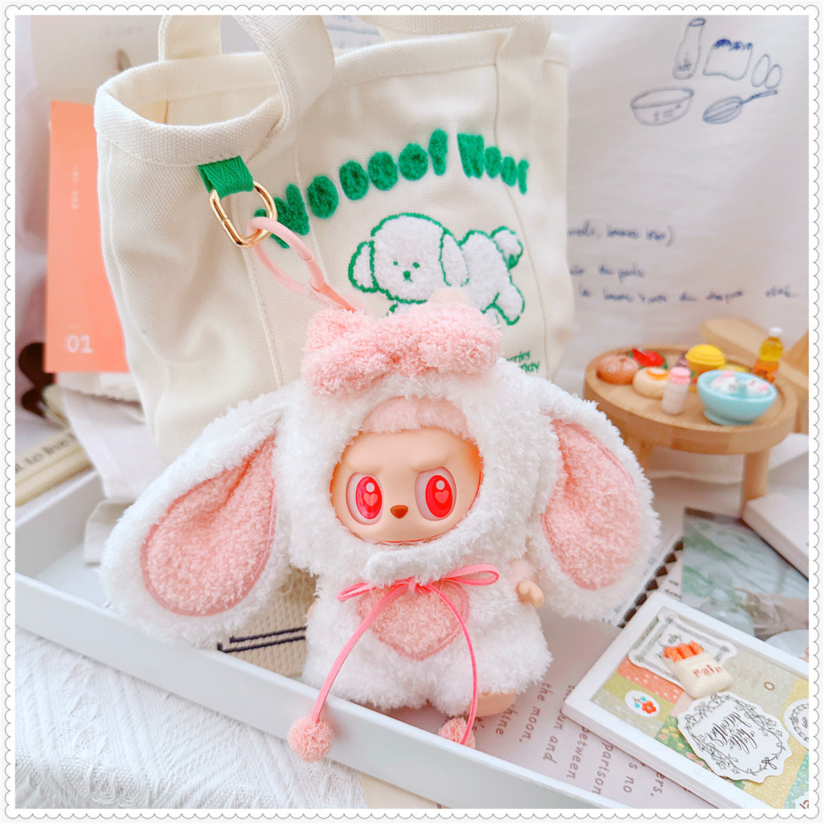 Clothes only)Adorable White Dress-Up Outfit for 17cm Labubu: Cute Bunny Heartbeat Bunny Set - Perfect for Stylish Playtime Adventures