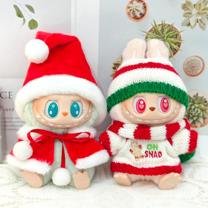 Clothes Only）Adorable 17cm Labubu Doll Christmas Outfits: Cozy Cape, Sweater & Hat Set - Perfect for Holiday Fun