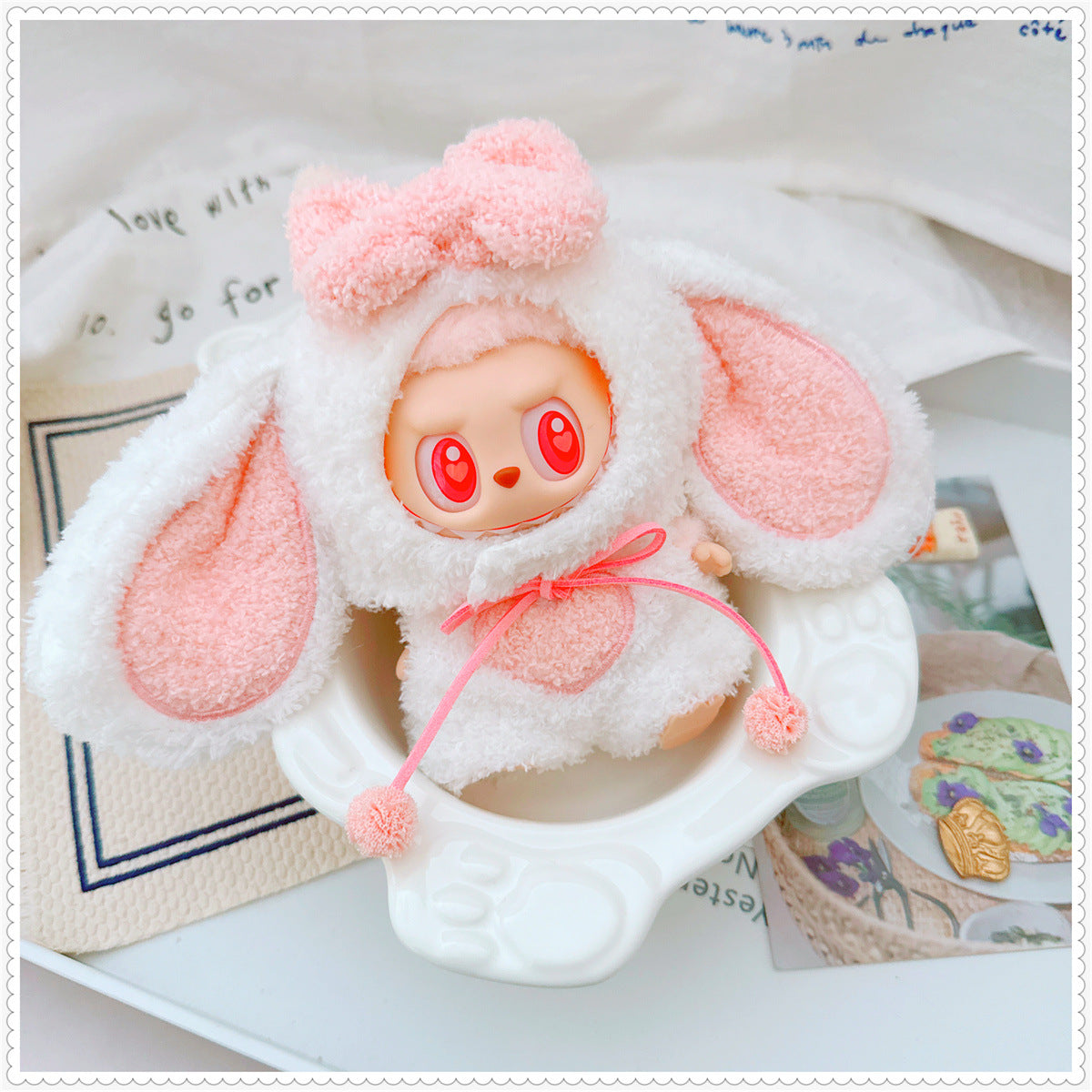 Clothes only)Adorable White Dress-Up Outfit for 17cm Labubu: Cute Bunny Heartbeat Bunny Set - Perfect for Stylish Playtime Adventures