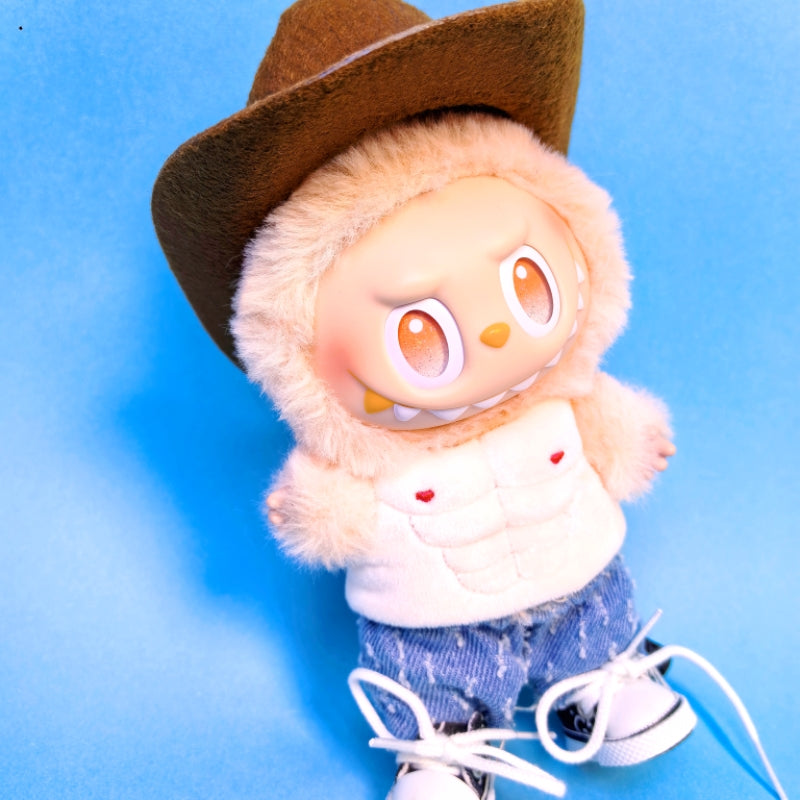 Clothes only)Discover the Ultimate West Cowboy Muscle Vest Clothes for 17cm Labubu - Fashion Meets Fun for Your Furry Friend!