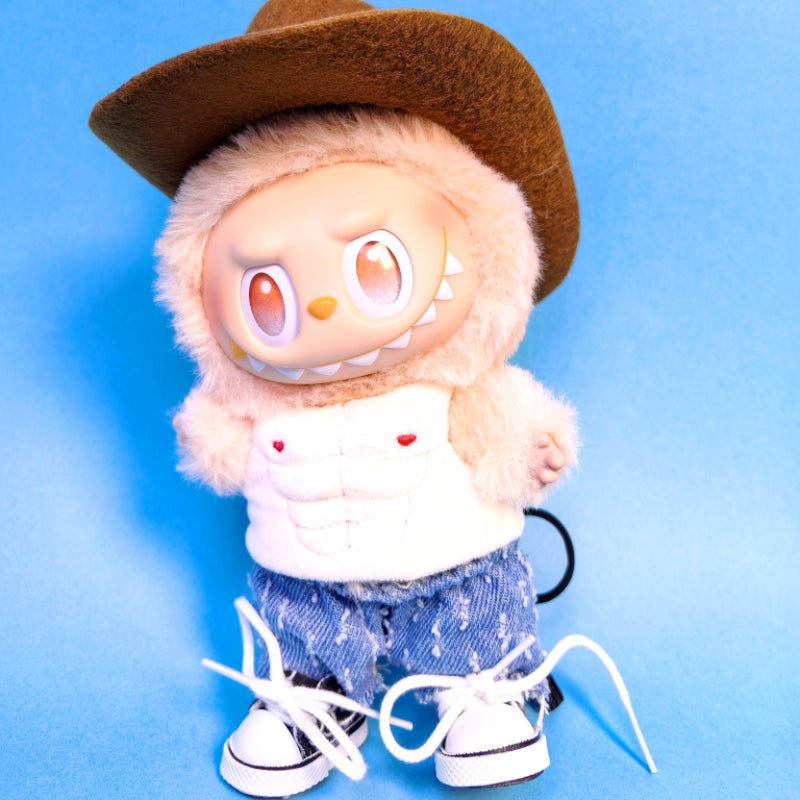 Clothes only)Discover the Ultimate West Cowboy Muscle Vest Clothes for 17cm Labubu - Fashion Meets Fun for Your Furry Friend!