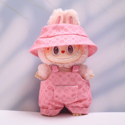 Only Doll Clothes]Adorable Floral Hat & Suspender Pants Set for 17cm Labubu - Trendy, Comfy, Perfect for Spring Adventures