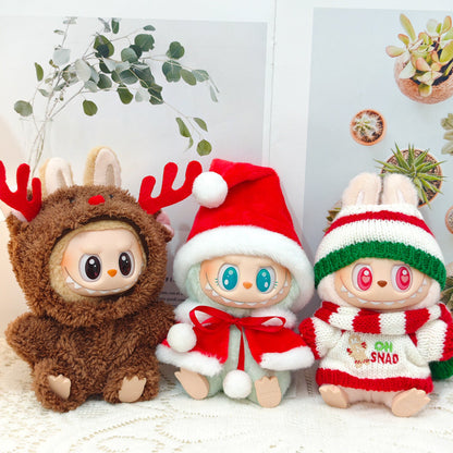 Clothes Only）Adorable 17cm Labubu Doll Christmas Outfits: Cozy Cape, Sweater & Hat Set - Perfect for Holiday Fun