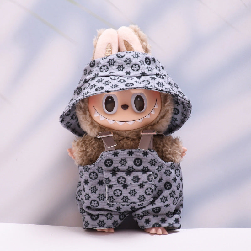 Only Doll Clothes]Adorable Floral Hat & Suspender Pants Set for 17cm Labubu - Trendy, Comfy, Perfect for Spring Adventures