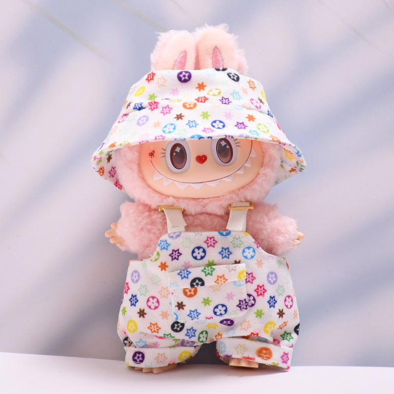 Only Doll Clothes]Adorable Floral Hat & Suspender Pants Set for 17cm Labubu - Trendy, Comfy, Perfect for Spring Adventures