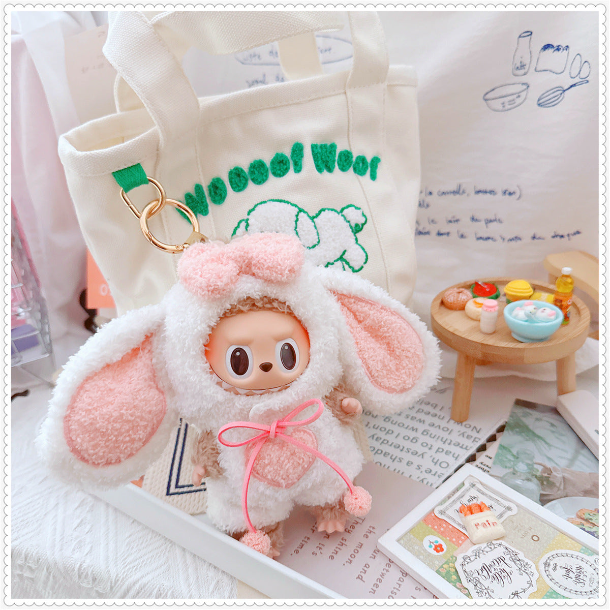 Clothes only)Adorable White Dress-Up Outfit for 17cm Labubu: Cute Bunny Heartbeat Bunny Set - Perfect for Stylish Playtime Adventures