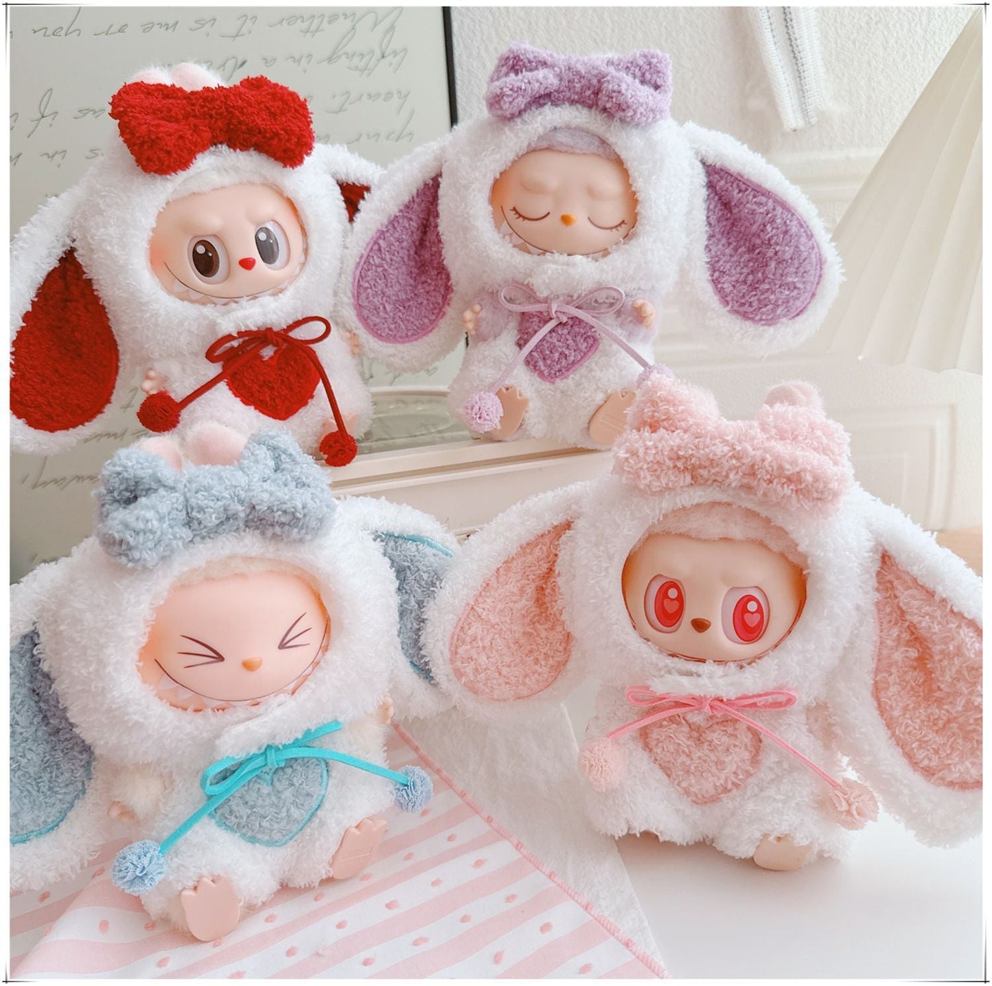 Clothes only)Adorable White Dress-Up Outfit for 17cm Labubu: Cute Bunny Heartbeat Bunny Set - Perfect for Stylish Playtime Adventures