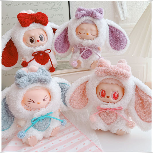 Clothes only)Adorable White Dress-Up Outfit for 17cm Labubu: Cute Bunny Heartbeat Bunny Set - Perfect for Stylish Playtime Adventures