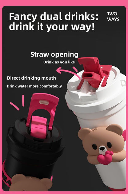 On-the-Go Hydration Made Easy: Fanfan Bear Thermos – Large-Capacity Travel Coffee Mug for Busy Lives