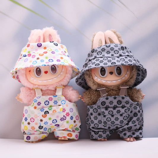 Only Doll Clothes]Adorable Floral Hat & Suspender Pants Set for 17cm Labubu - Trendy, Comfy, Perfect for Spring Adventures